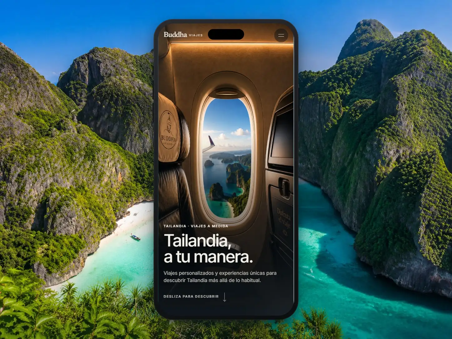 Web de Buddha Viajes mostrada en un teléfono