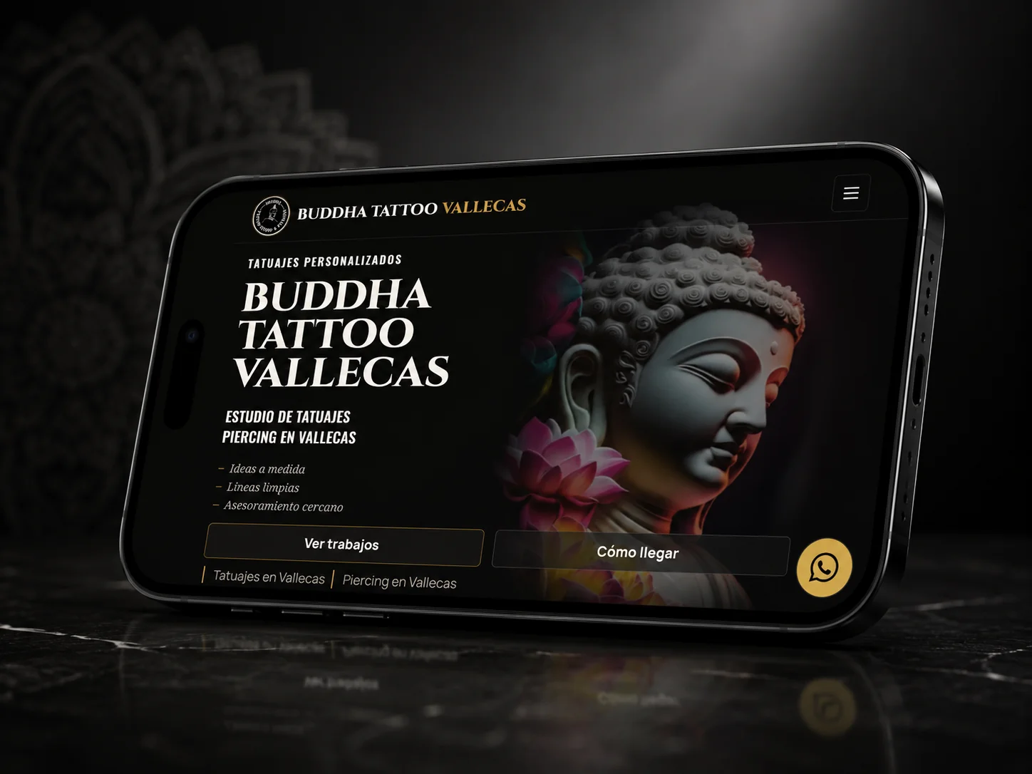 Web de Buddha Tattoo Vallecas mostrada en un teléfono